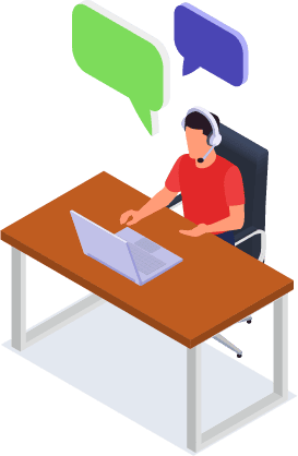 机に座り、ノートパソコンの前でヘッドホンをしてチャットをする男性のイラスト